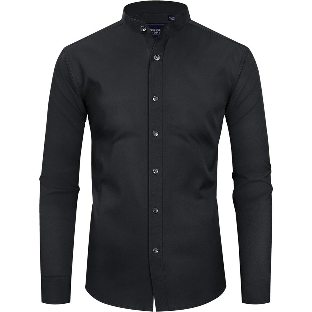 Men's Banded Collar Dress Shirts Wrinkle Free Long Sleeve Button Down Shirt